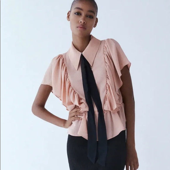 Zara | Tops | Zara Medium Ruffled Blouse With Bow Beigepink | Poshmark